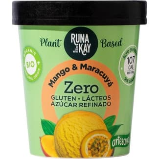 Zero helado artesano vegetal, ecológico de mango y maracuyá sin gluten y sin lactosa tarrina 460 ml sin azúcar refinado - Runa Kay