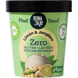 Zero helado artesano vegetal, ecológico de limón y jengibre sin gluten y sin lactosa tarrina 460 ml sin azúcar refinado - Runa Kay