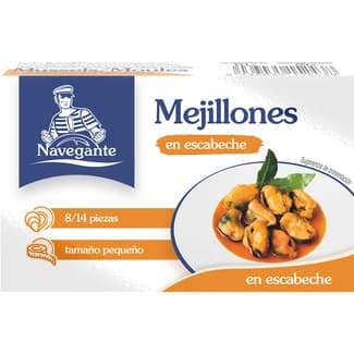 Mejillones en escabeche 8-14 piezas lata 68 g neto escurrido - Navegante