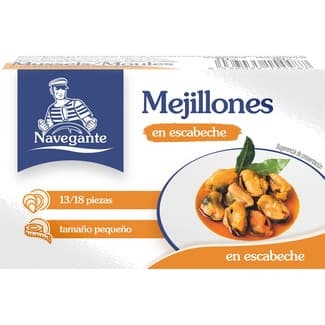 Mejillones en escabeche 13-18 piezas lata 69 g neto escurrido - Navegante