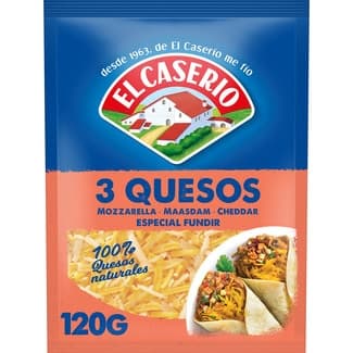 Queso rallado 3 quesos especial para fundir bolsa 120 g mozzarella, maasdam y cheddar - El Caserio