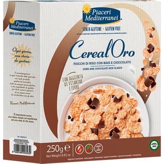 Cereal Oro cereales de arroz y maíz con chocolate sin gluten y sin aceite de palma envase 250 g - Piaceri Mediterranei