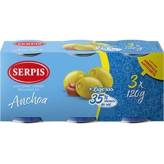 Aceitunas rellenas de anchoa + ligeras 35% menos sal pack 3 envases 50 g neto escurrido - Serpis