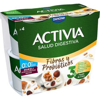 Fibras y Probióticos bífidus con muesli desnatado 0% m.g. 0% azúcares añadidos pack 4 unidades 115 g - Danone Activia