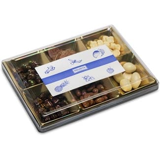 Estuche con mango y fresa en chocolate blanco + uva pasa y plátano en chocoleche + papaya y jengibre en choconegro estuche 240 g - Prunita