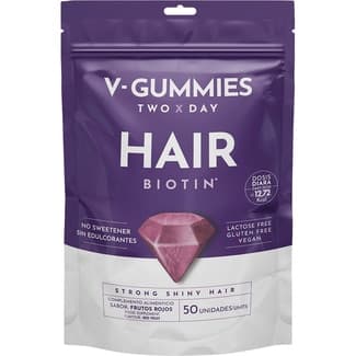 Hair Biotin gominolas para pelo fuerte y brillante sabor frutos rojos bolsa 50 unidades sin gluten, sin lactosa, vegano y sin edulcorantes - V-gummies
