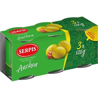 Aceitunas rellenas de anchoa pack 3 latas 50 g neto escurrido - Serpis