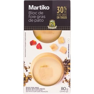 Bloc de foie gras de pato cocido con 30% de trozos 2 medallones x 40 g sin gluten envase 80 g - Martiko