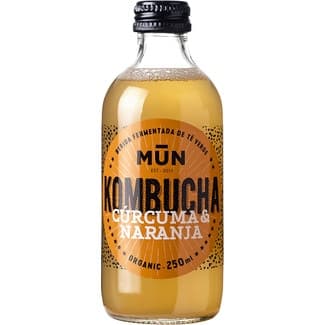 Kombucha bebida fermentada de té verde con cúrcuma y naranja ecológica, sin gluten botella 250 ml vegana y baja en azúcar - Mun