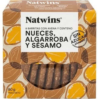 Barritas de avena y centeno, nueces y algarroba sin azúcar añadido envase 80 g - Natwins