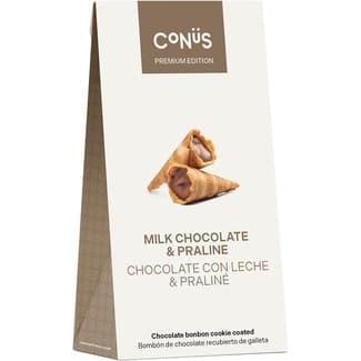Bombón de chocolate con leche recubierto de galleta estuche 70 g - Conus