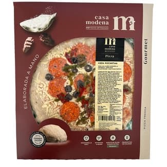 Pizza piccantina con pepperoni, verduras, champiñón, aceitunas negras y queso mozzarella envase 455 g - Casa Modena