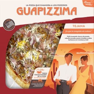 Pizza tejana pollo braseado, bacon ahumado, cebolla morada, queso cheddar y salsa barbacoa con mostaza y miel envase 400 g - Guapizzima