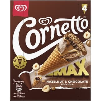 Max conos de helado chocolate y avellanas con disco avellanas tostadas 4 unidades estuche 360 ml - Cornetto