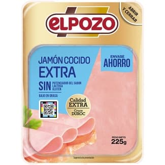 Jamón cocido extra bajo en grasa en lonchas sin gluten sin lactosa envase 225 g - Elpozo
