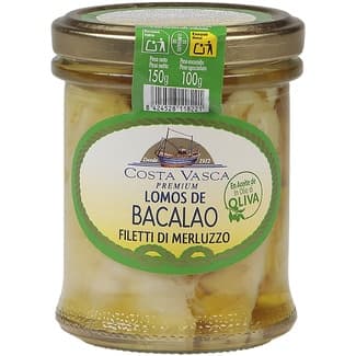 Lomos de bacalao en aceite de oliva tarro 100 g neto escurrido - Costa Vasca