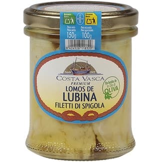 Lomos de lubina en aceite de oliva tarro 100 g neto escurrido - Costa Vasca