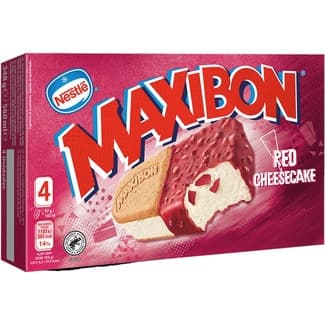 Helado Red Cheesecake sándwich de queso con galleta y trocitos de frambuesa estuche 560 ml 4 unidades - Nestle Maxibon