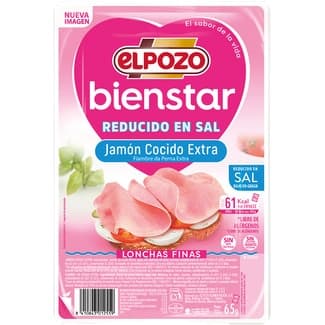 BienStar jamón cocido extra bajo en grasa reducido en sal en lonchas finas envase 65 g sin gluten sin lactosa - Elpozo