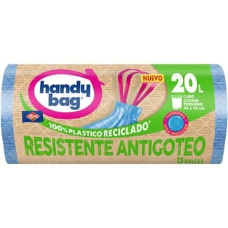 Bolsas de basura reciclada Resistente Antigoteo 45x50 20 litros para cubo cocina pequeño rollo 15 unidades - Handy Bag