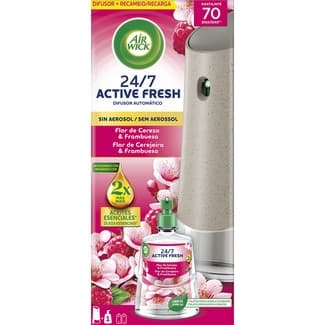 Ambientador difusor automático Active Fresh flor de cerezo & frambuesa 24/7 aparato + recambio sin aerosol - Air Wick