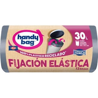 Bolsas de basura reciclada Fijación Elástica 55x63 30 litros para cubo cocina normal rollo 12 unidades - Handy Bag