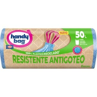 Bolsas de basura reciclada Resistente Antigoteo 68x73 50 litros para cubo cocina grande rollo 8 unidades - Handy Bag