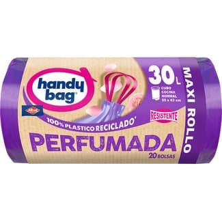 Bolsas de basura reciclada resistente Perfumada 55x63 30 litros para cubo cocina normal rollo 20 unidades - Handy Bag