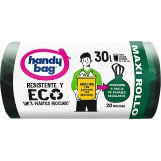 Bolsas de basura reciclada resistente y eco 95% plástico reciclado 55x63 30 litros rollo 20 unidades para cubo cocina normal - Handy Bag
