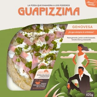 Pizza Genovesa con pesto genovés, jamón cocido braseado, tomate cherry y mozarella envase 400 g - Guapizzima