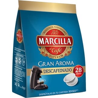 Café descafeinado natural Gran Aroma en monodosis para cafetera Senseo estuche 28 cápsulas - Marcilla