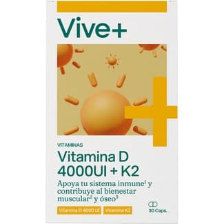 Vitamina D 4000UI + K2 apoya tu sistema inmune y contribuye al bienestar muscular y oseo caja 30 cápsulas