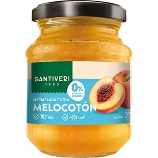 Mermelada extra de melocotón 70% fruta y 0% azúcares añadidos frasco 270 g - Santiveri