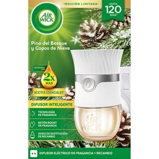Ambientador eléctrico difusor inteligente Pino del Bosque y Copos de Nieve aparato + recambio con aceites esenciales - Air Wick