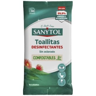 Limpiador en toallitas desinfectantes sin aclarado sin lejía eucalipto paquete 30 unidades compostables - Sanytol