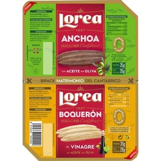 Anchoa del Cantábrico en aceite de oliva envase 26 g neto escurrido + boquerón al vinagre en aceite de oliva envase 26 gne - Lorea