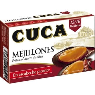 Mejillones en escabeche picantes 12-16 piezas lata 69 g neto escurrido - Cuca