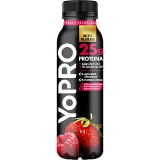 Proteínas líquido con fresa y frambuesa desnatado 0% m.g. 0% azúcares añadidos sin lactosa botella 300 g - Danone Yopro