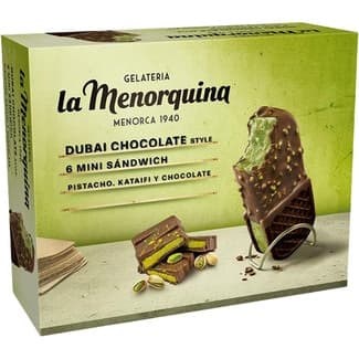 Helado mini sándwich estilo Dubai con pistacho, kataifi y chocolate 6 unidades estuche 510 ml - Menorquina