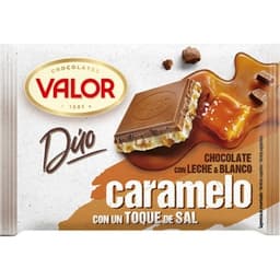 Duo chocolate con leche y blanco con trozos de caramelo y un toque de sal tableta 130 g - Valor