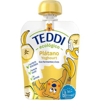 Pouch yogur ecológico entero con puré de plátano envase 85 g - Teddi
