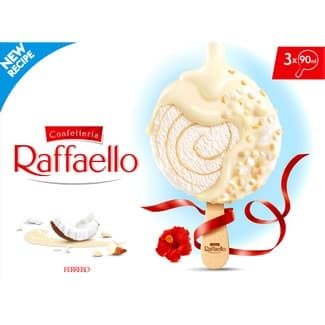 Raffaello bombón helado recubierto de coco y trozos de avellana 3 unidades estuche 270 ml - Ferrero