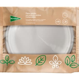 Platos compostables blancos con pulpa de celulosa extra rígido 22 cm paquete 10 unidades - El Corte Ingles