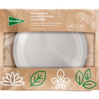 Platos compostables blancos con pulpa de celulosa extra rígido 16 cm paquete 10 unidades - El Corte Ingles