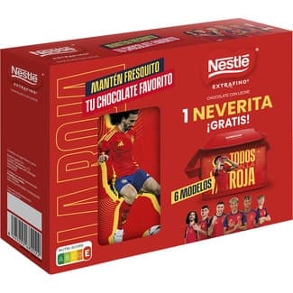 2 tabletas chocolate con leche de 125 g + 1 tableta de chocolate con leche y maíz de 84 g estuche 334 g con una neverita gratis de Todos con la Roja - Nestle Extrafino