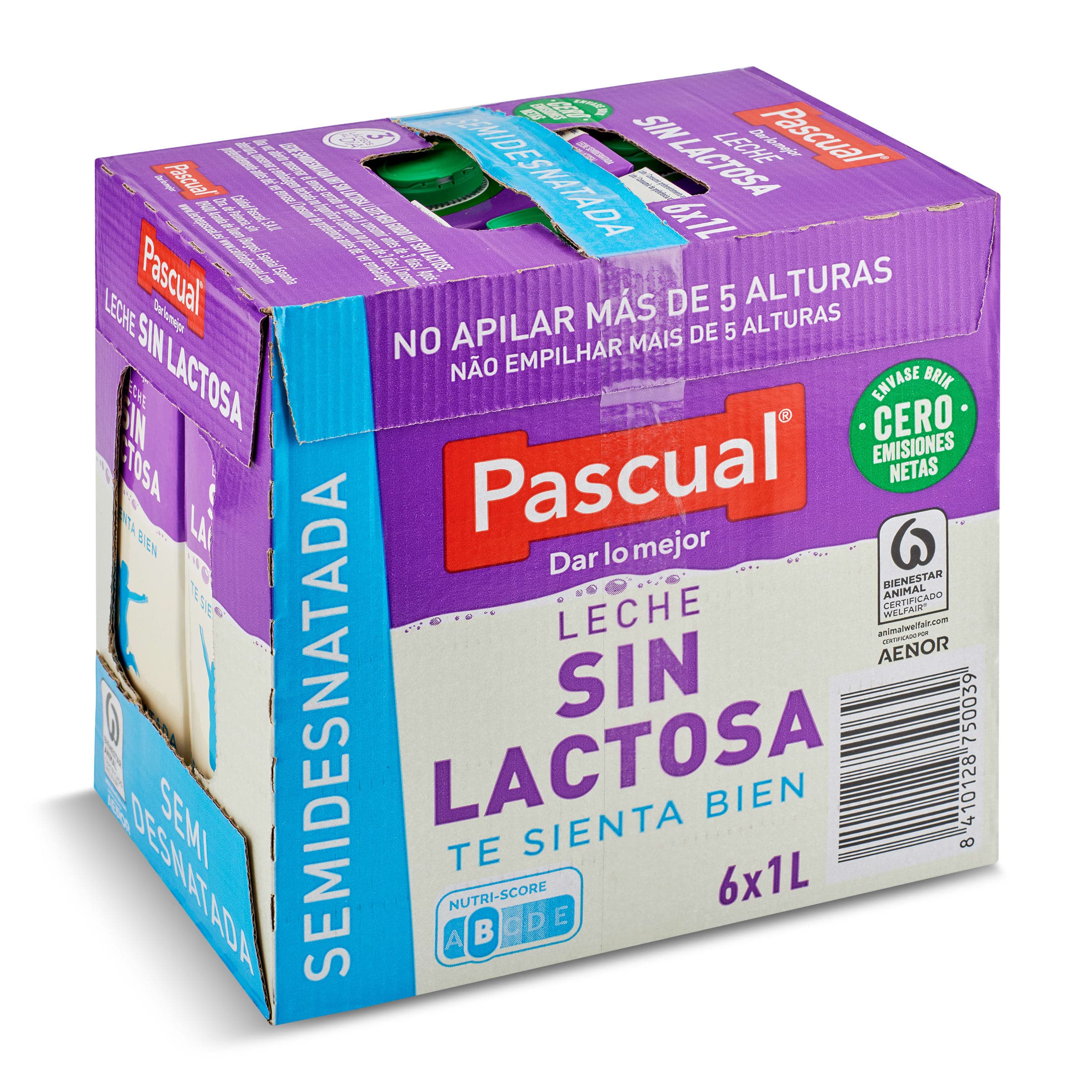 Leche semidesnatada sin lactosa Pascual pack 6 x 1 L