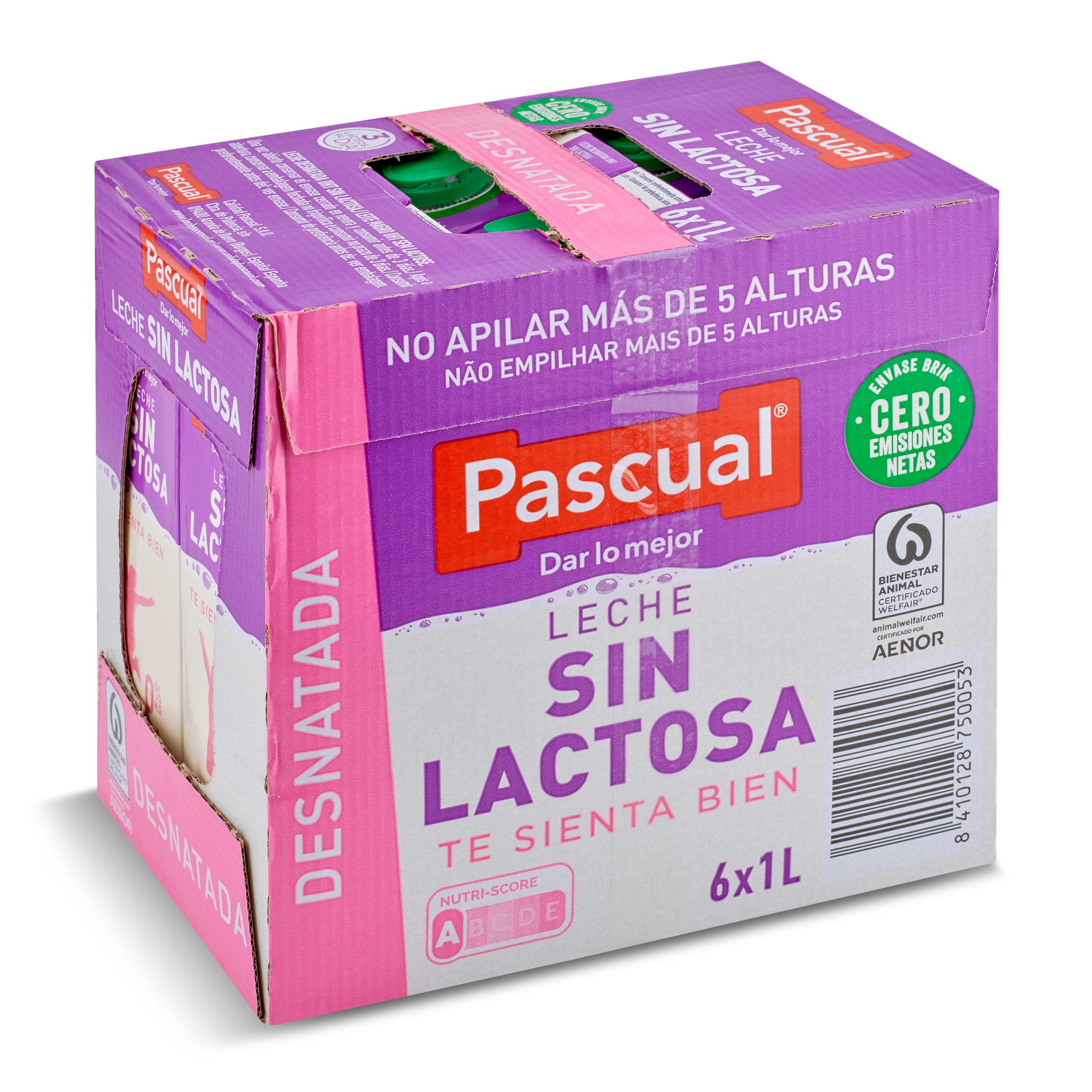 Leche desnatada sin lactosa Pascual pack 6 x 1 L