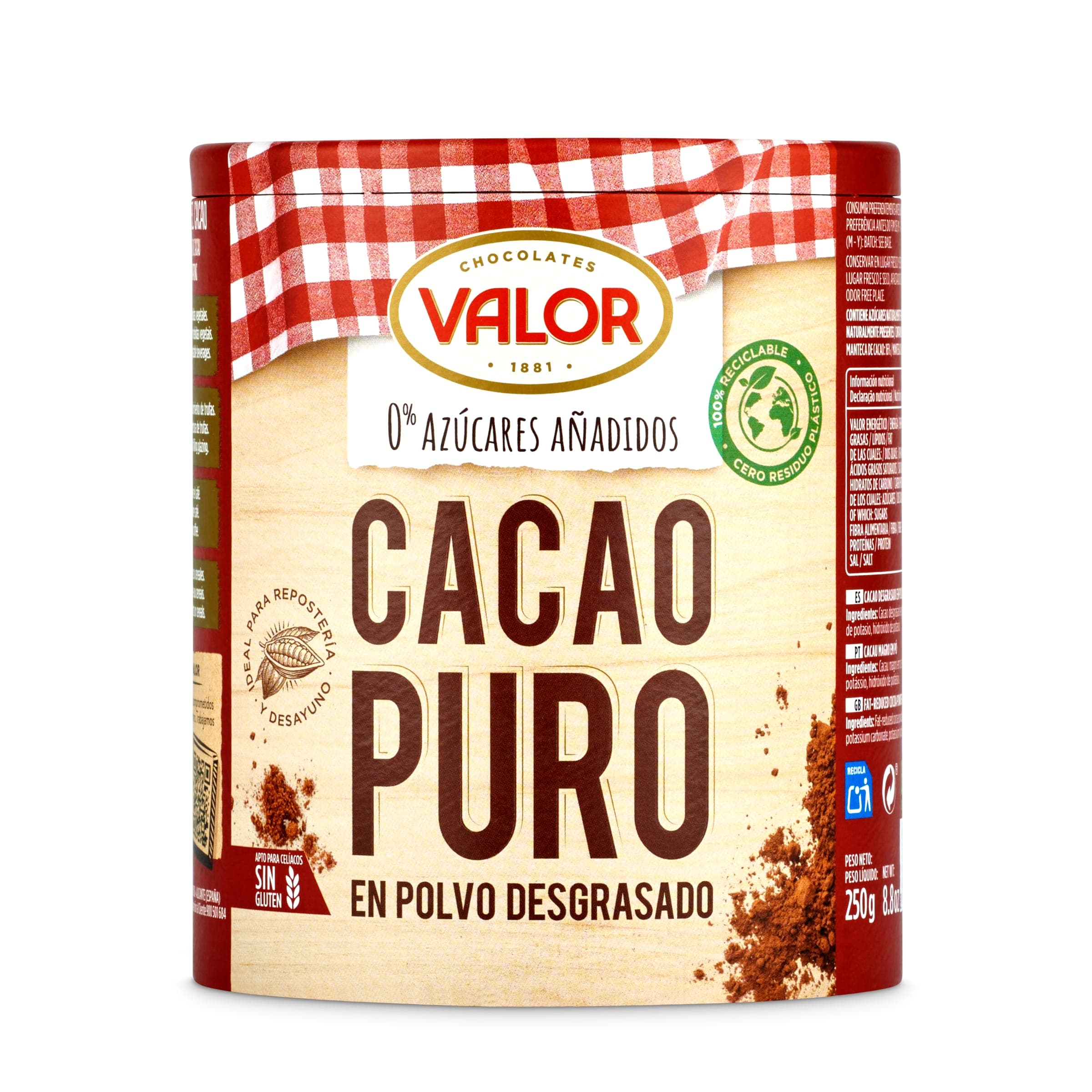 Cacao puro en polvo 0% azúcares añadidos Valor 250 g