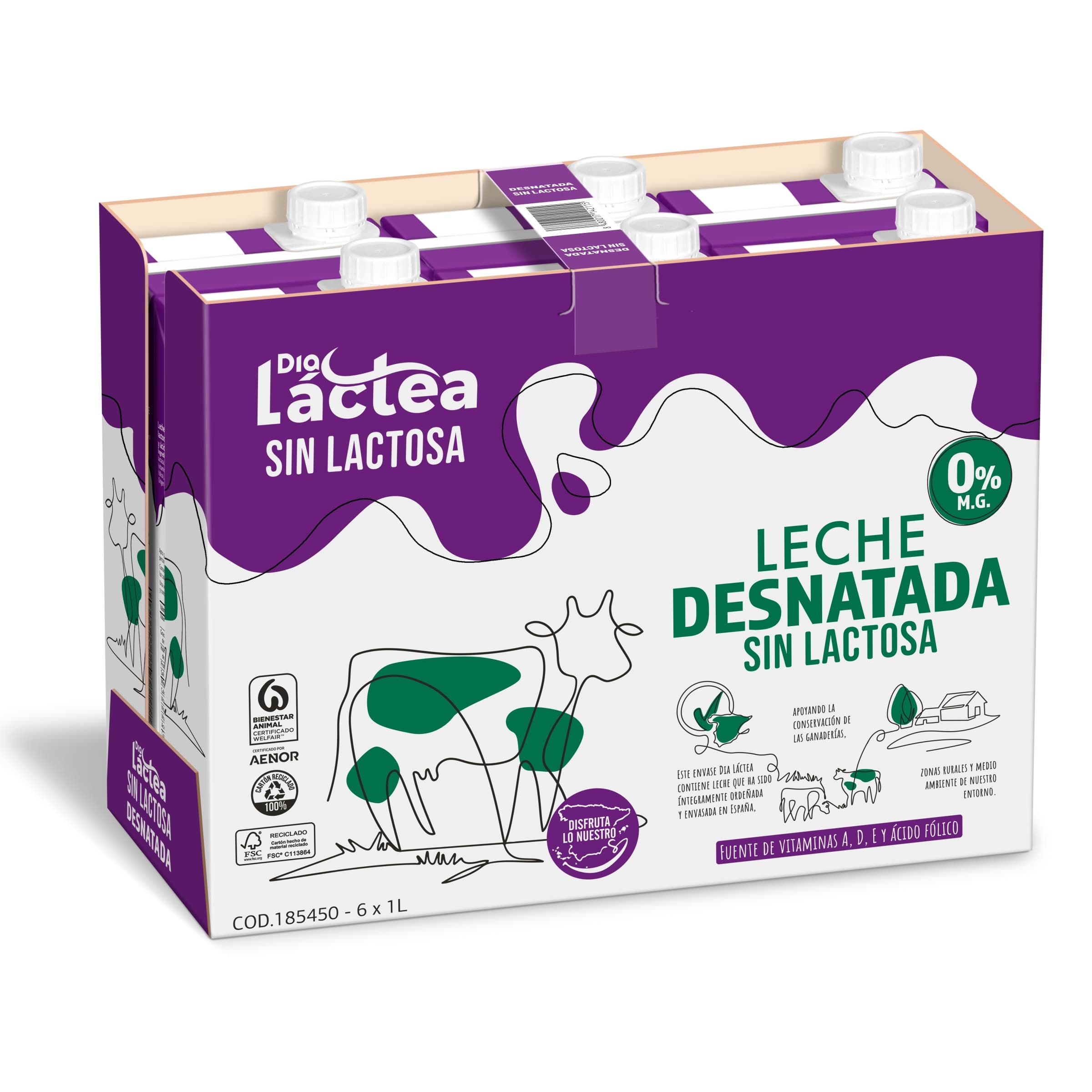 Leche desnatada sin lactosa Dia Láctea pack 6 x 1 L
