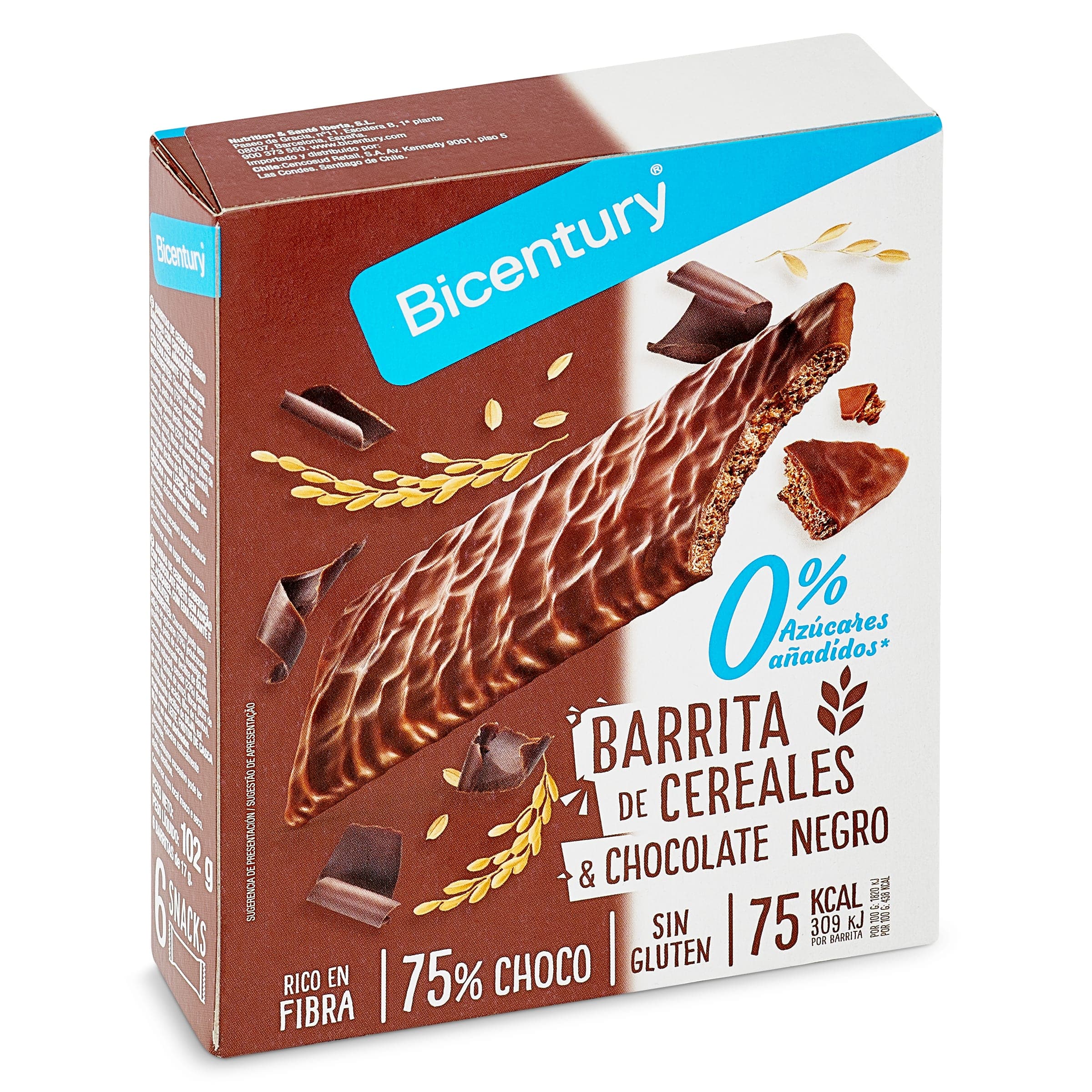 Barritas de cereales bañadas con chocolate negro sin azúcares Bicentury caja 102 g